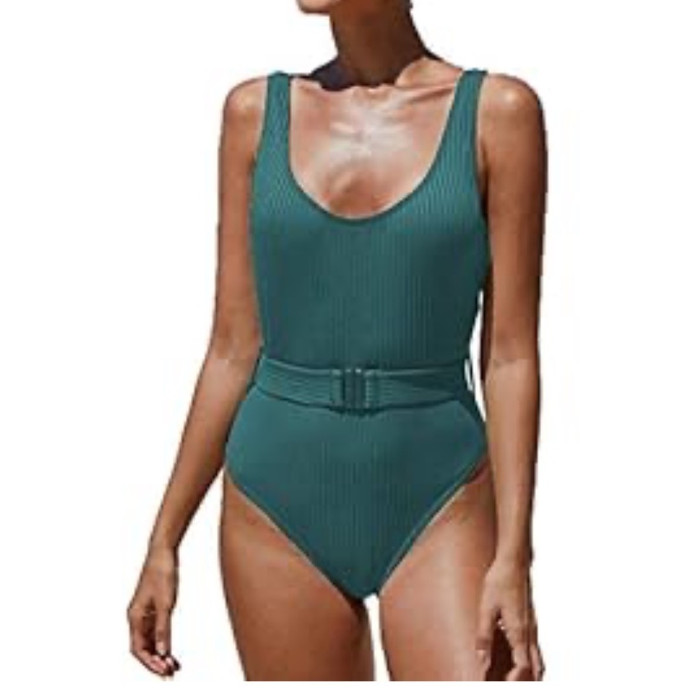 Teal Ribbed Belted Swimsuit Size XL